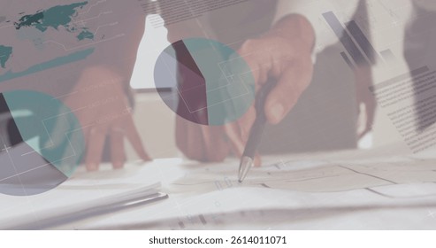 Image of statistics and data processing over architects with plans in meeting. global architecture, business, data processing and digital interface concept digitally generated image.