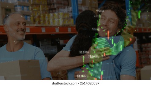 Image of statistics and data processing over happy diverse colleagues embracing in warehouse. global communication, business network and digital interface concept digitally generated image. - Powered by Shutterstock - Get 15% off with code: PIKWIZARD15