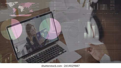 Image of statistics and data processing over caucasian businesswoman on laptop image call. finance, digital interface, business and data processing concept digitally generated image.