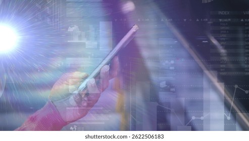Image of statistics and data processing over caucasian man using smartphone. global data processing, connections, and business concept digitally generated image.