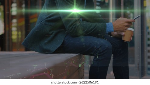 Image of statistics and data processing over caucasian businessman using smartphone. global data processing, connections, and business concept digitally generated image.