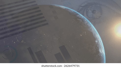 Image of statistics and data processing over globe. global finance, business and data processing concept digitally generated image.