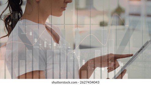 Image of statistics and data processing over woman using computer. global business data processing and digital interface concept digitally generated image.