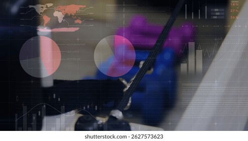 Image of statistics and data processing over busy city street. Global business connections digital interface and technology concept digitally generated image.