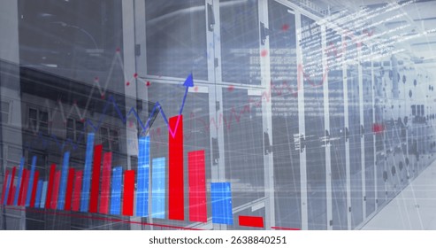 Image of statistics, data processing over computer servers. Global computing, connections, data processing and digital interface concept digitally generated image.