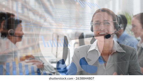 Image of statistics and data processing over businesswoman using phone headset. Global business connections digital interface and technology concept digitally generated image.