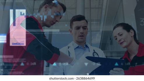Image of statistics and data processing over diverse doctors. Global medicine, digital interface and data processing concept digitally generated image.