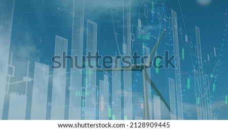 Image of statistics and data processing over wind turbine on blue background. environment, renewable energy and sustainability concept digitally generated image.