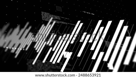 Image of statistics and data processing over black background. Global artificial intelligence, connections, computing and data processing concept digitally generated image.