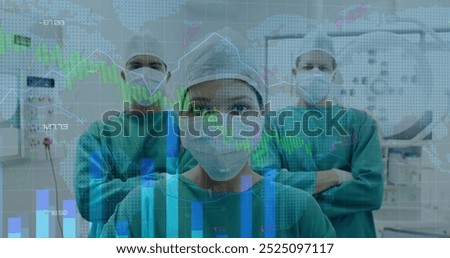 Image of statistics and data processing over diverse surgeons. Global medicine, connections, computing and data processing concept digitally generated image.