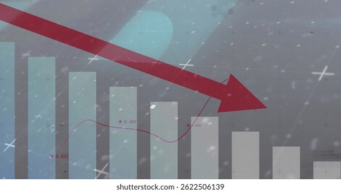Image of statistics and data processing with red arrow. global data processing, connections, and business concept digitally generated image.