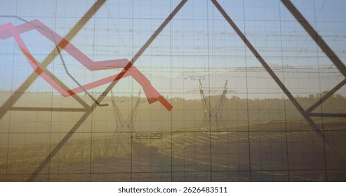 Image of statistics and data processing with red lines over electricity pylon and landscape. global energy, electricity and data processing concept digitally generated image. - Powered by Shutterstock - Get 15% off with code: PIKWIZARD15