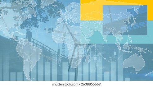 Image of statistics and data processing, world map over wind turbine. Global data processing, sustainability and environment concept digitally generated image. - Powered by Shutterstock - Get 15% off with code: PIKWIZARD15