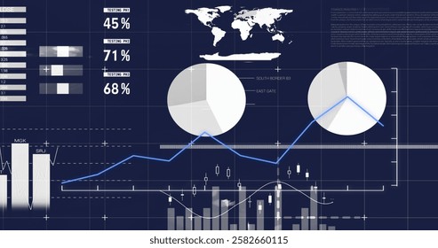 Image of statistics and digital data processing over dark background. Global connections, computing and data processing concept digitally generated image.