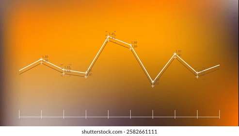 Image of statistics and digital data processing over orange background. Global connections, computing and data processing concept digitally generated image.