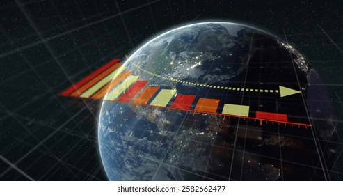 Image of statistics and digital data processing over globe. Global connections, computing and data processing concept digitally generated image.