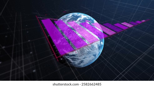 Image of statistics and digital data processing over globe. Global connections, computing and data processing concept digitally generated image.