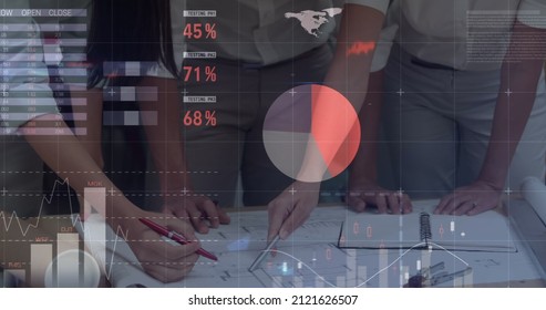 Image of statistics and financial data processing over business people in meeting. global business, connections and data processing concept digitally generated image.