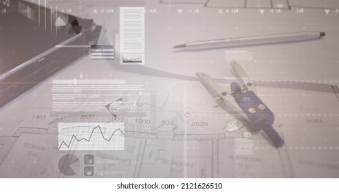 Image of statistics and financial data processing over architects plans and compass. architecture, business and data processing concept digitally generated image.