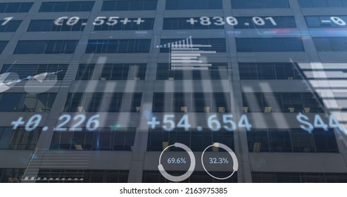 Image of statistics and financial data processing over office building. finance, business and data processing concept digitally generated image.