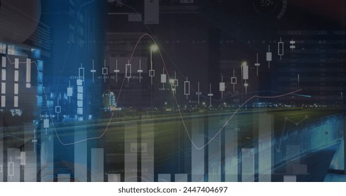 Image of statistics and financial data processing over cityscape. global business, finances, data processing and digital interface concept digitally generated image.