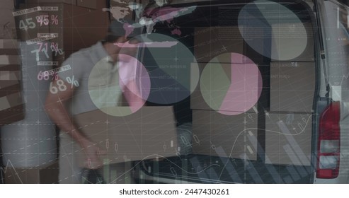 Image of statistics and financial data processing over delivery man and van. global shipping, delivery, business, data processing and technology concept digitally generated image.