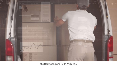 Image of statistics and financial data processing over delivery man and van. global shipping, delivery, business, data processing and technology concept digitally generated image.