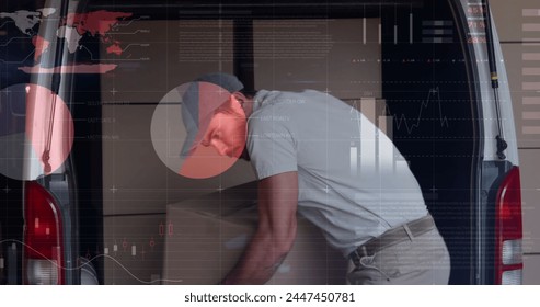 Image of statistics and financial data processing over delivery man and van. global shipping, delivery, business, data processing and technology concept digitally generated image.