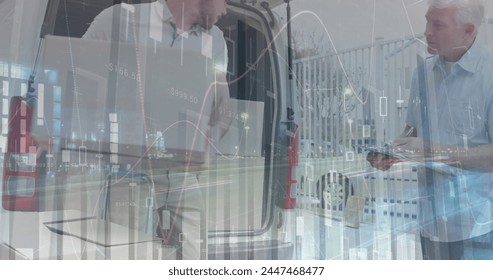 Image of statistics and financial data processing over delivery man and van. global shipping, delivery, business, data processing and technology concept digitally generated image.