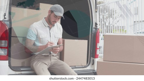 Image of statistics and financial data processing over delivery man and van. global shipping, delivery, business, data processing and technology concept digitally generated image.