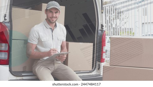 Image of statistics and financial data processing over delivery man and van. global shipping, delivery, business, data processing and technology concept digitally generated image.