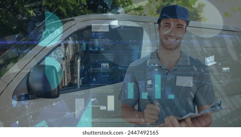 Image of statistics and financial data processing over delivery man and van. global shipping, delivery, business, data processing and technology concept digitally generated image. - Powered by Shutterstock - Get 15% off with code: PIKWIZARD15