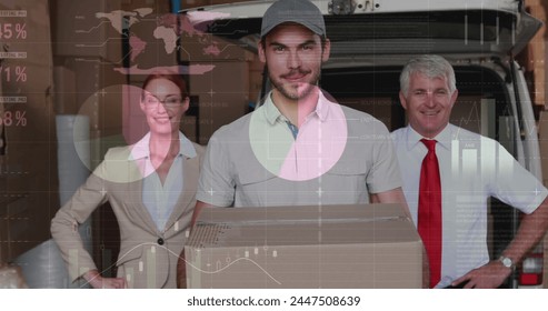 Image of statistics and financial data processing over delivery man and van. global shipping, delivery, business, data processing and technology concept digitally generated image. - Powered by Shutterstock - Get 15% off with code: PIKWIZARD15