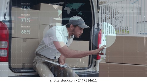 Image of statistics and financial data processing over delivery man and van. global shipping, delivery, business, data processing and technology concept digitally generated image.