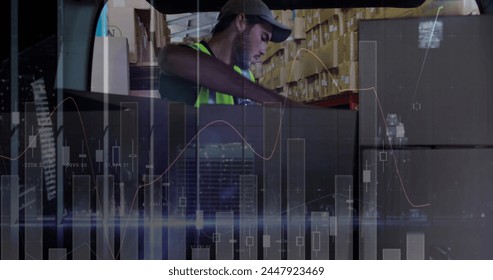 Image of statistics and financial data processing over delivery man and van. global shipping, delivery, business, data processing and technology concept digitally generated image.