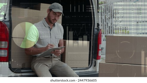Image of statistics and financial data processing over delivery man and van. global shipping, delivery, business, data processing and technology concept digitally generated image.