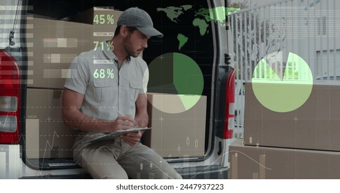 Image of statistics and financial data processing over delivery man and van. global shipping, delivery, business, data processing and technology concept digitally generated image.