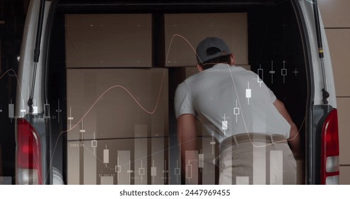 Image of statistics and financial data processing over delivery man and van. global shipping, delivery, business, data processing and technology concept digitally generated image.