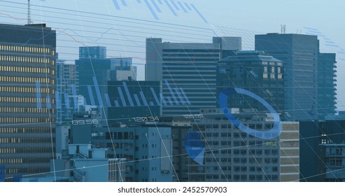 Image of statistics and financial data processing over cityscape. Global finance, business, connections, computing and data processing concept digitally generated image.