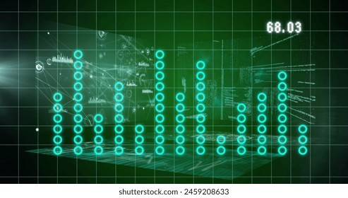 Image of statistics and financial data processing over dark background. Global business, connections, cloud computing and data processing concept digitally generated image.