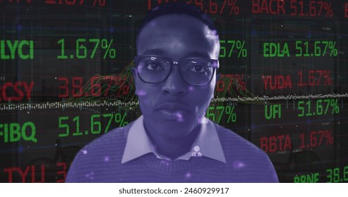 Image of statistics and financial data processing over african american man. Global business, connections, networks and data processing concept digitally generated image.