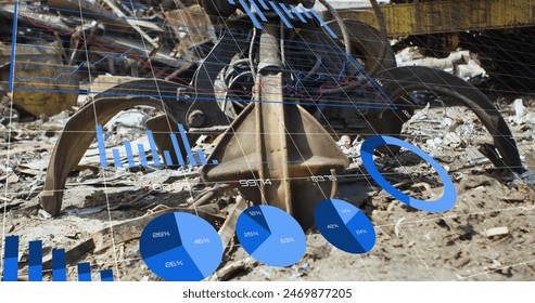 Image of statistics and financial data processing over agriculture field. Global digital interface technology and connections concept digitally generated image.