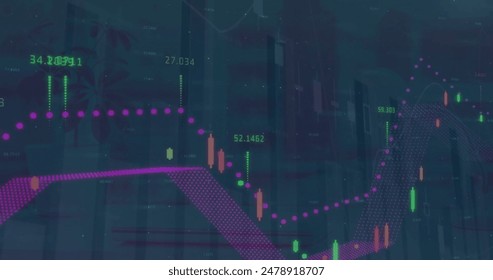 Image of statistics and financial data processing over cityscape. Global finance, business, connections, computing and data processing concept digitally generated image.