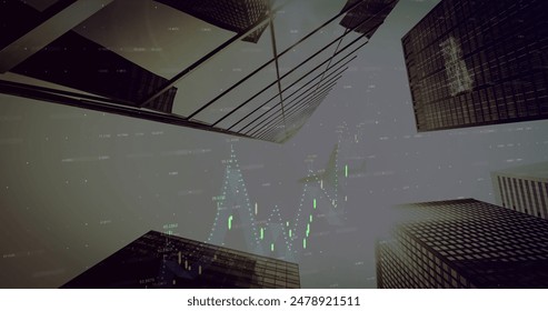 Image of statistics and financial data processing over cityscape. Global finance, business, connections, computing and data processing concept digitally generated image.