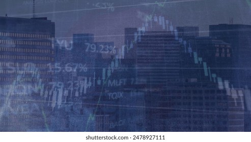 Image of statistics and financial data processing over cityscape. Global finance, business, connections, computing and data processing concept digitally generated image.