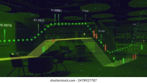 Image of statistics and financial data processing over office. Global finance, business, connections, computing and data processing concept digitally generated image.