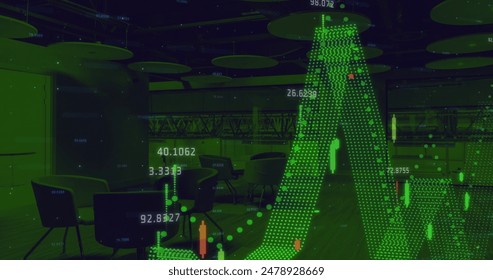Image of statistics and financial data processing over office. Global finance, business, connections, computing and data processing concept digitally generated image. - Powered by Shutterstock - Get 15% off with code: PIKWIZARD15