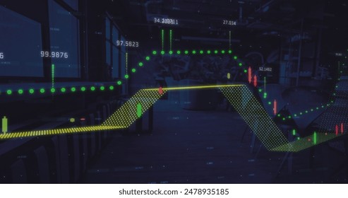 Image of statistics and financial data processing over office. Global finance, business, connections, computing and data processing concept digitally generated image.