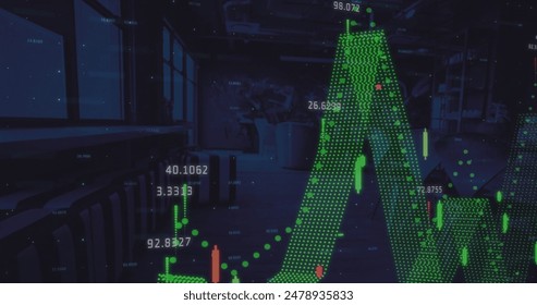 Image of statistics and financial data processing over office. Global finance, business, connections, computing and data processing concept digitally generated image.