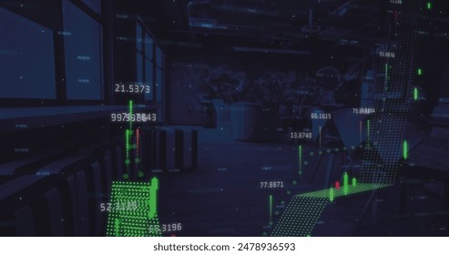 Image of statistics and financial data processing over office. Global finance, business, connections, computing and data processing concept digitally generated image.